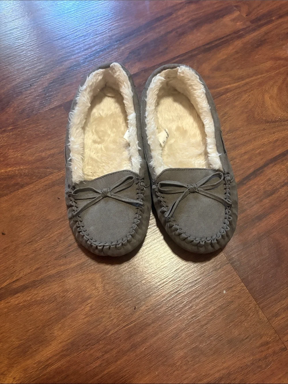 Faux-Suede Cozy Moccasin Slippers in Gray